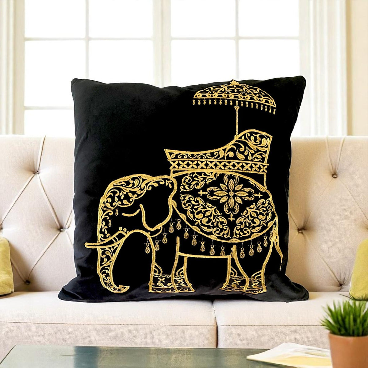Velvet Elephant Cushion Cover 50x50cm – Black & Gold Embroidered Boho Decorative Throw Pillow Cover
