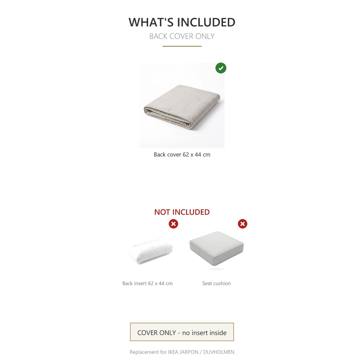 Outdoor Back Cushion Cover 62x44 cm – Fits IKEA Frösön Duvholmen – Pebble