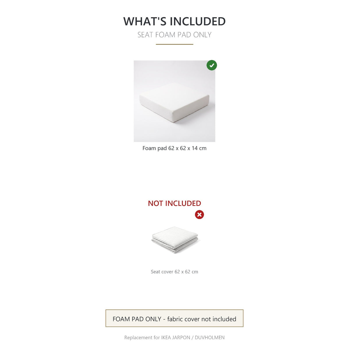 Seat Foam Pad 62x62x14 cm – Replacement for IKEA Duvholmen Outdoor Cushions