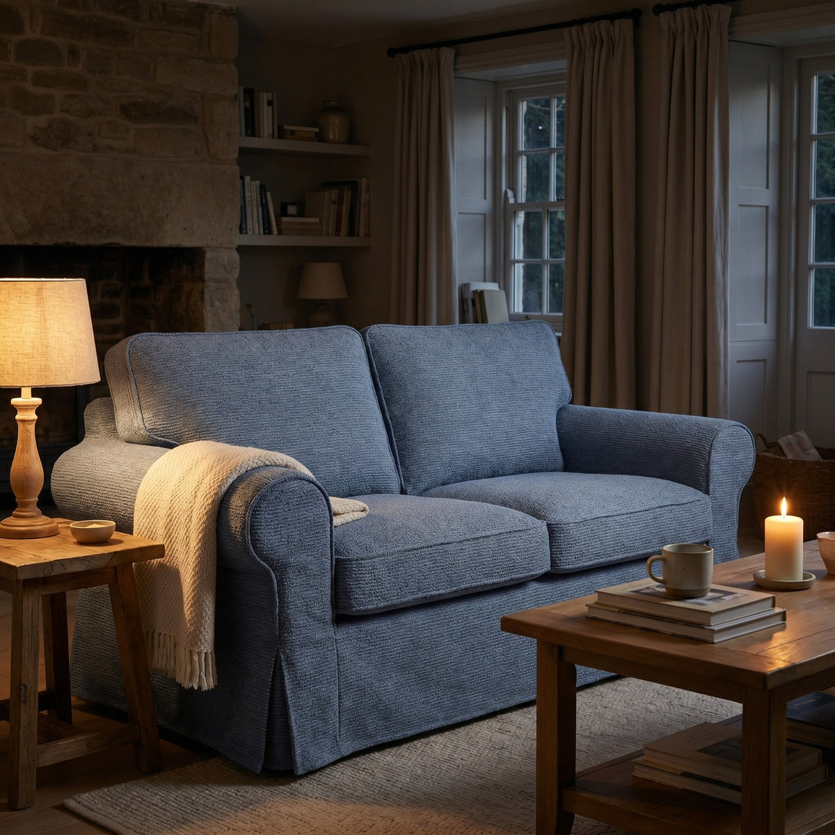 IKEA EKTORP 2 Seat Sofa Cover - 5-Piece Washable Slipcover Set, Denim Blue Chenille-Bouclé