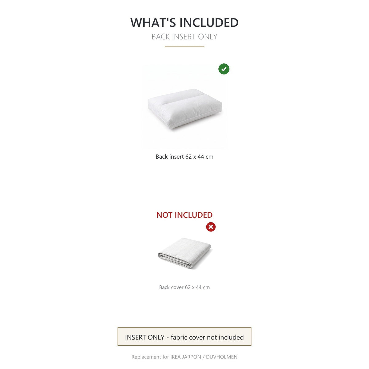 Back Cushion Insert 62x44 cm – Replacement for IKEA Duvholmen Outdoor Cushions