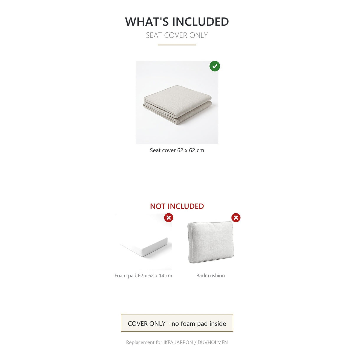 Outdoor Seat Cushion Cover 62x62 cm – Fits IKEA Frösön Duvholmen – Pebble