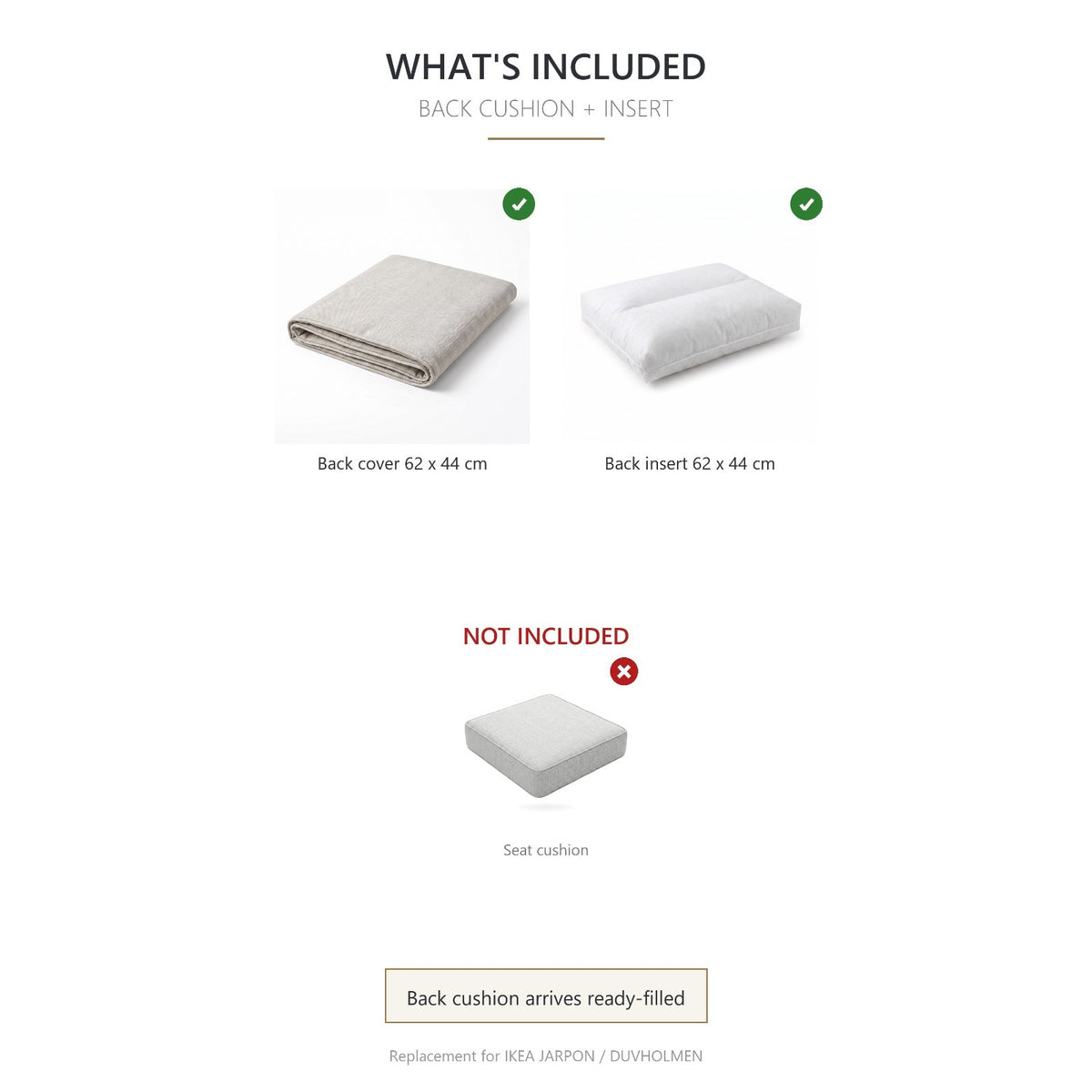 Outdoor Back Cushion with Insert 62x44 cm – Fits IKEA Frösön Duvholmen – Pebble