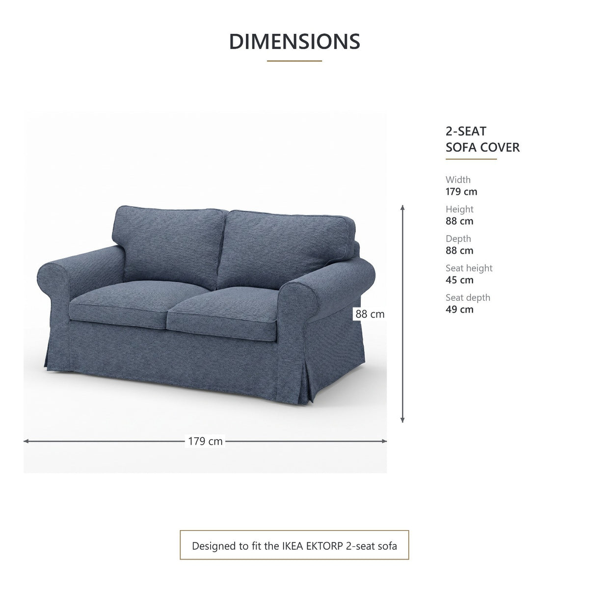 IKEA EKTORP 2 Seat Sofa Cover - 5-Piece Washable Slipcover Set, Denim Blue Chenille-Bouclé