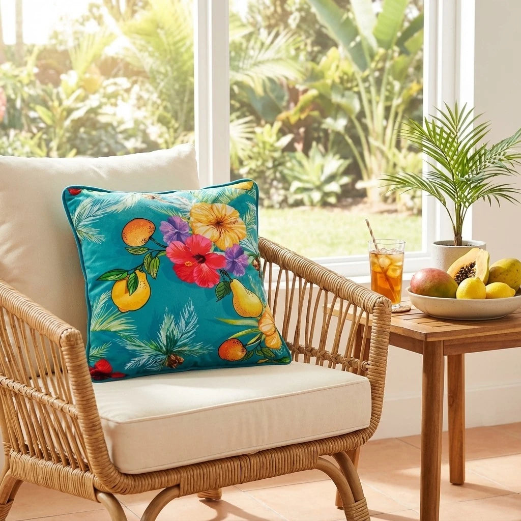 Teal fruit and hibiscus decorative cushion cover on a cane chair beside a bowl of tropical fruit