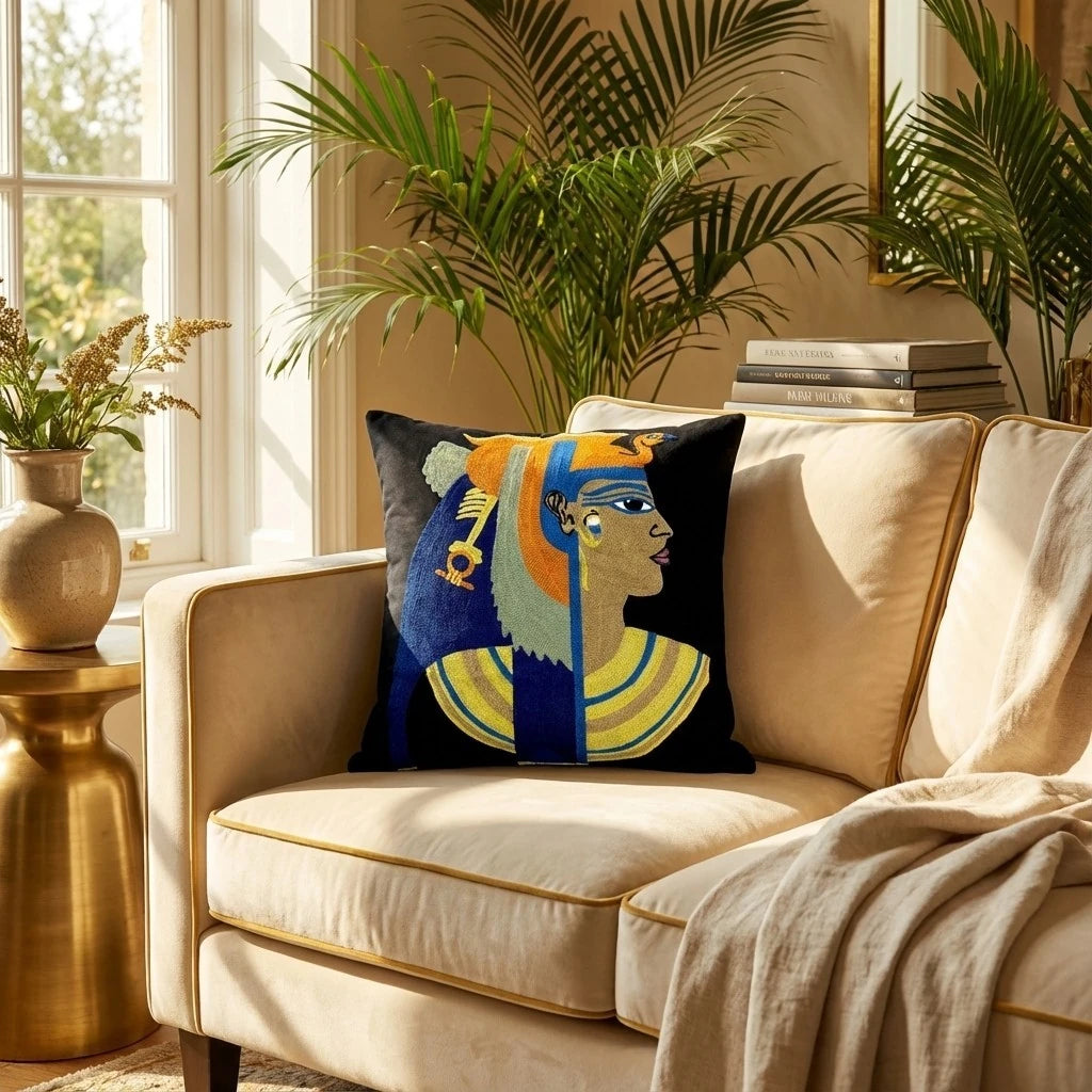 Embroidered Egyptian pharaoh cushion cover on a cream sofa in sunlight beside palm plants