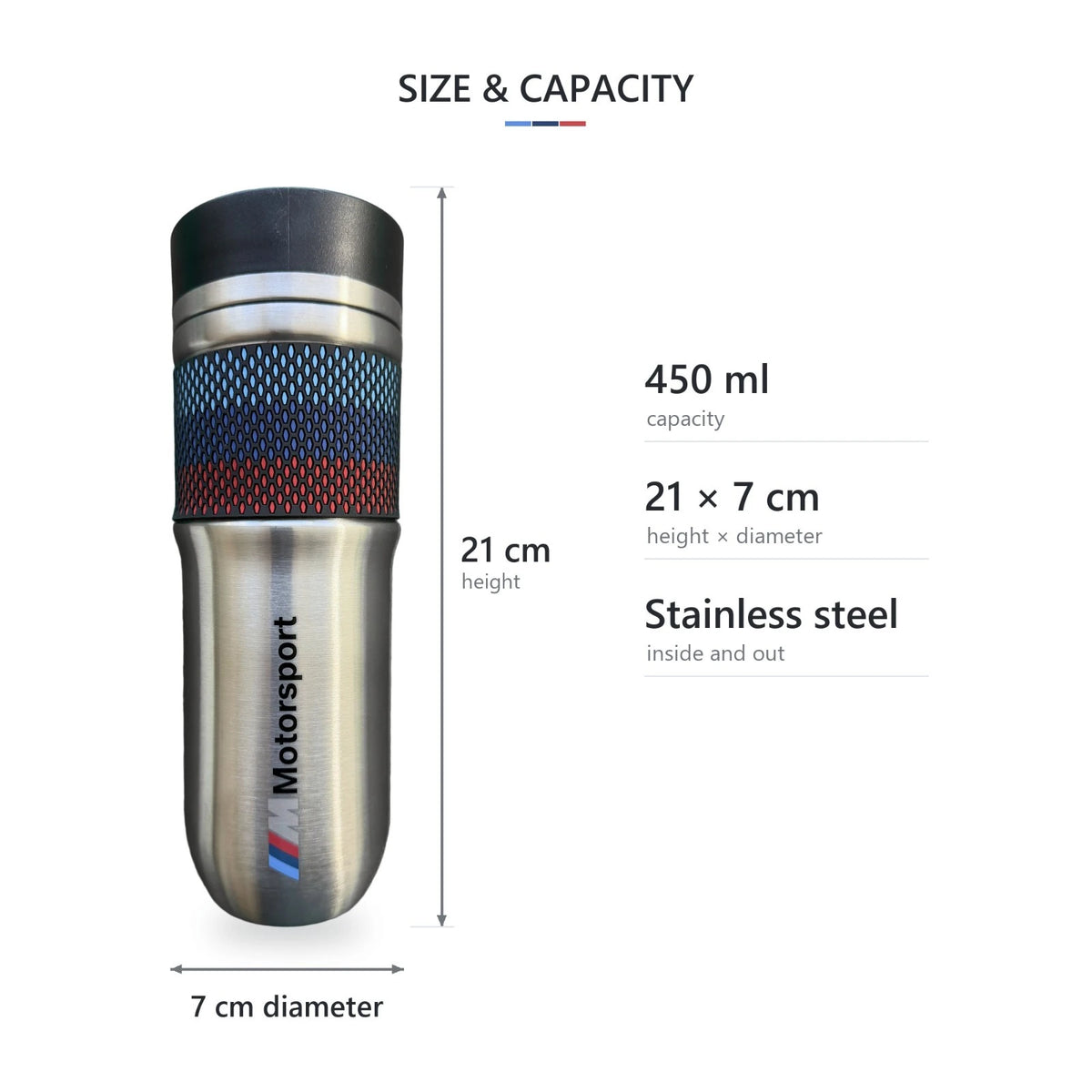 BMW thermos mug size guide: 450 ml capacity, 21 cm tall and 7 cm diameter