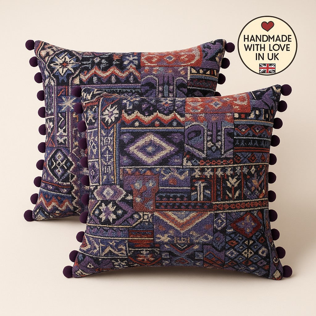 Pair of Boho Patchwork Cushions with Inserts 50cm x 50cm Pom Pom Bobble Trim (Purple)