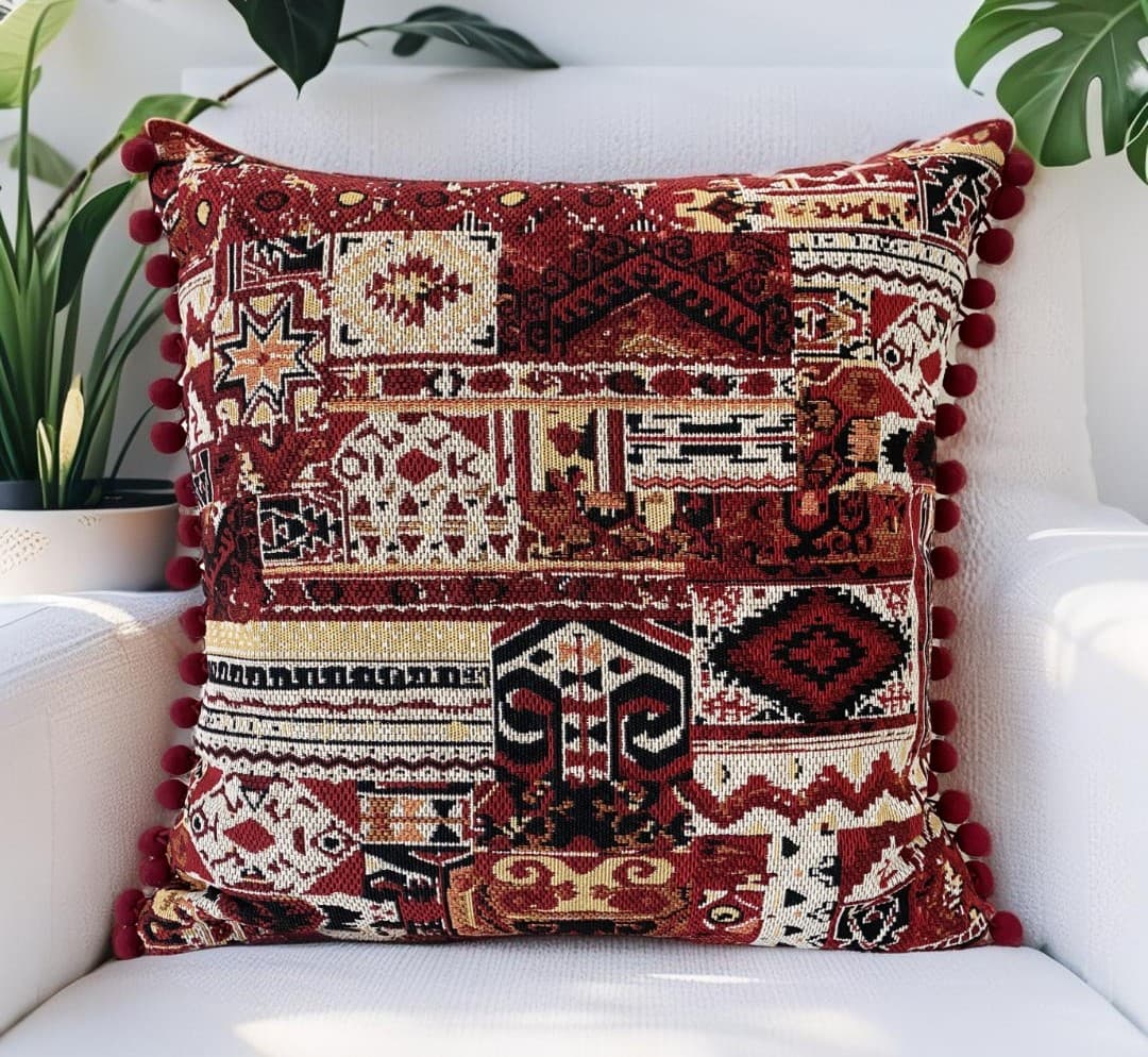 Pair of Boho Patchwork Cushions with Inserts 50cm x 50cm Pom Pom Bobble Trim (Burgundy)