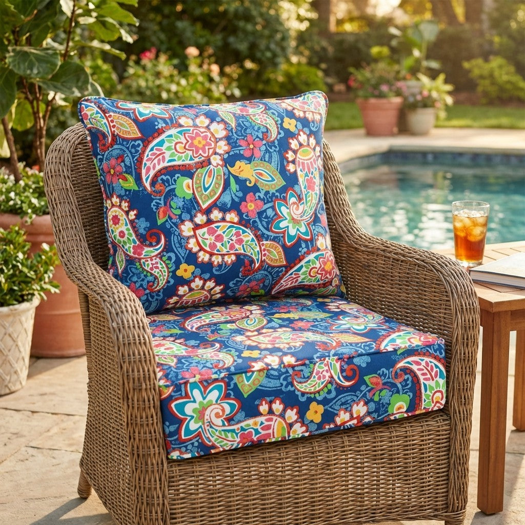 Outdoor cushion set in navy paisley floral on a rattan armchair beside a swimming pool