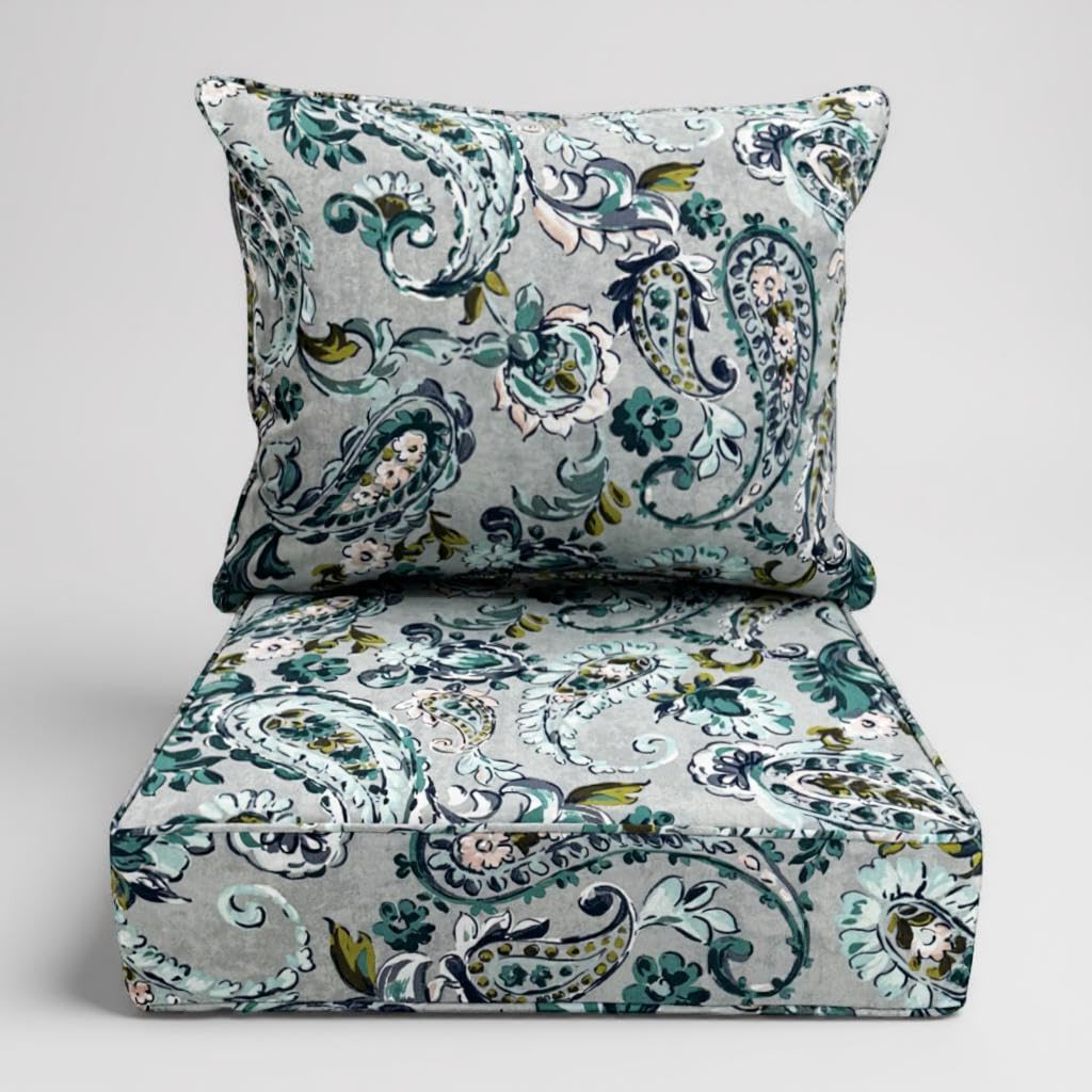 Grey blue paisley outdoor cushion set: 62 x 62 cm seat and back cushions with piped edges