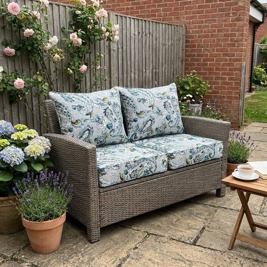 Two grey blue paisley cushion sets on a rattan garden sofa against a brick wall