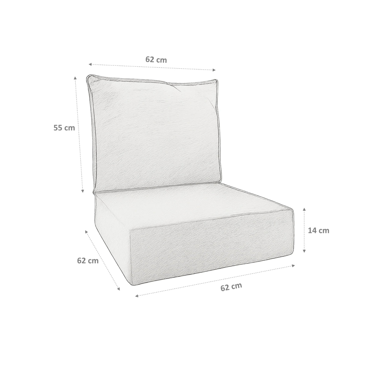 Outdoor cushion set dimensions drawing: 62 x 62 x 14 cm seat and 62 x 55 cm back cushion