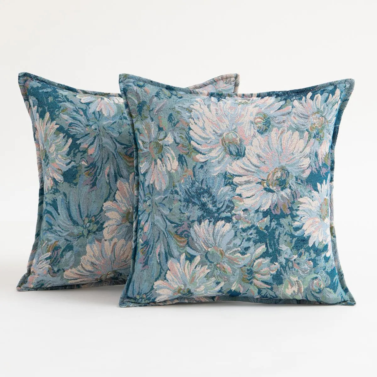 Teal floral tapestry cushion covers, set of 2, front view of the woven vintage daisy design
