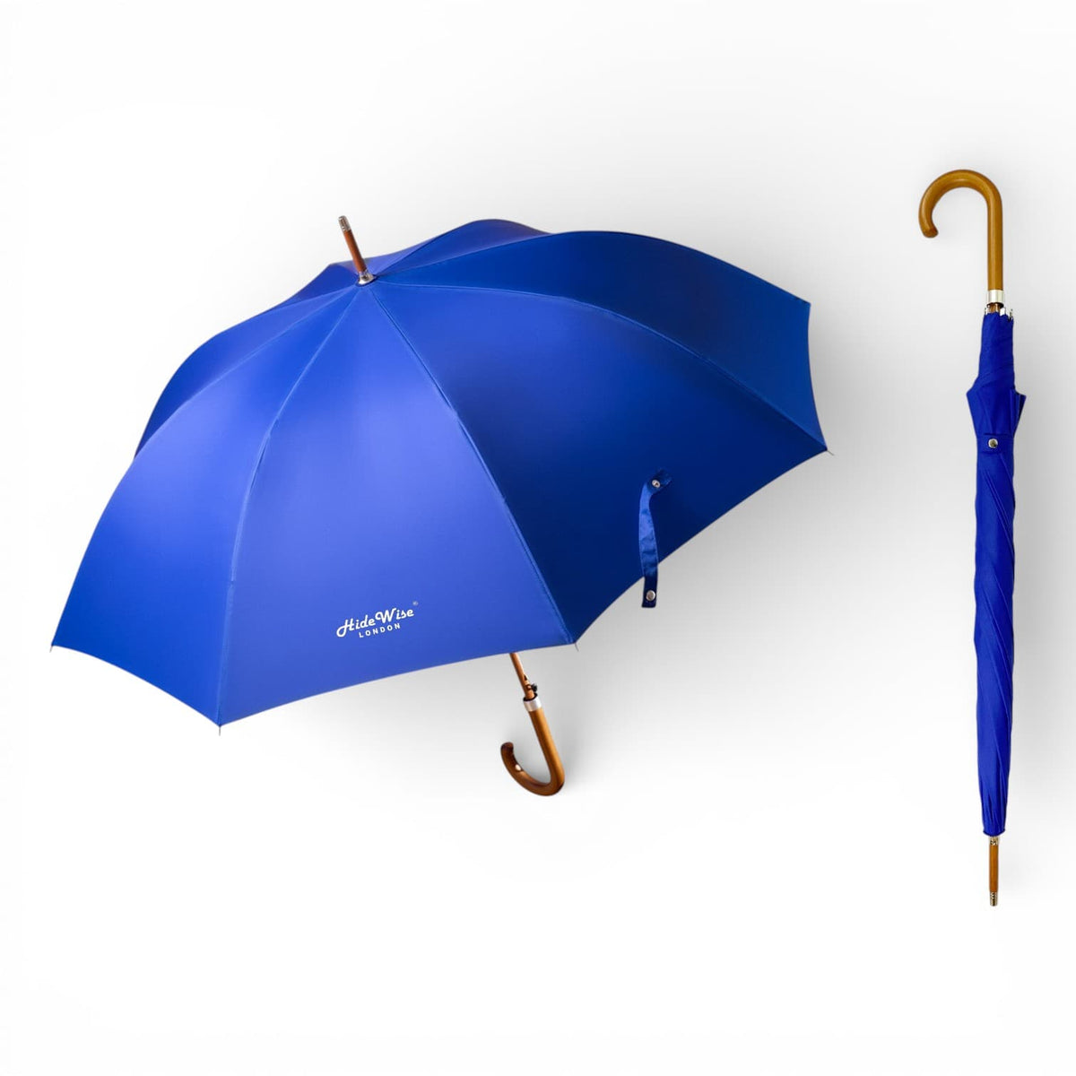 Hidewise London Walking Umbrella Cobalt Blue — Wood Crook Handle, Windproof 8-Rib Auto-Open Stick Brolly Gift