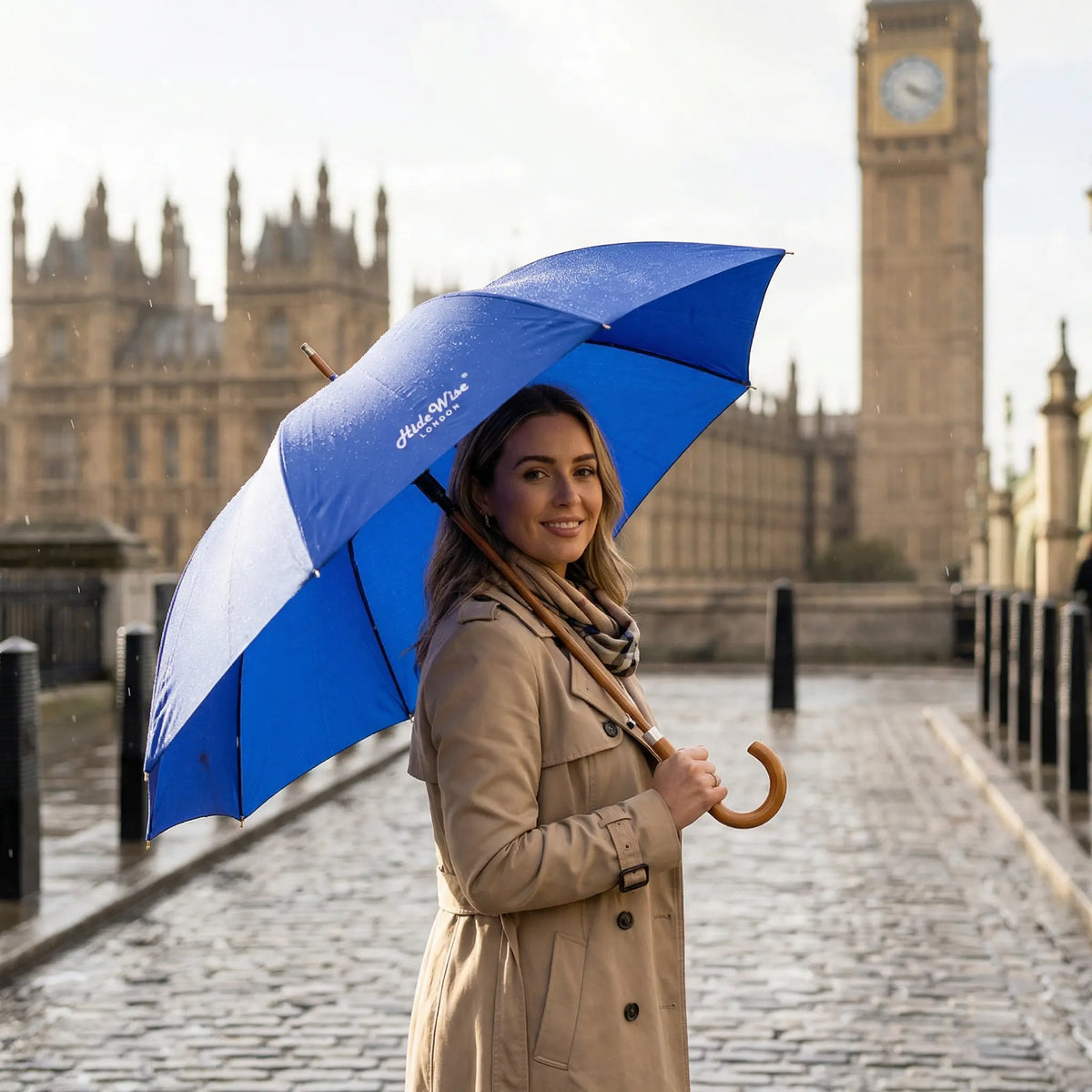Hidewise London Walking Umbrella Cobalt Blue — Wood Crook Handle, Windproof 8-Rib Auto-Open Stick Brolly Gift