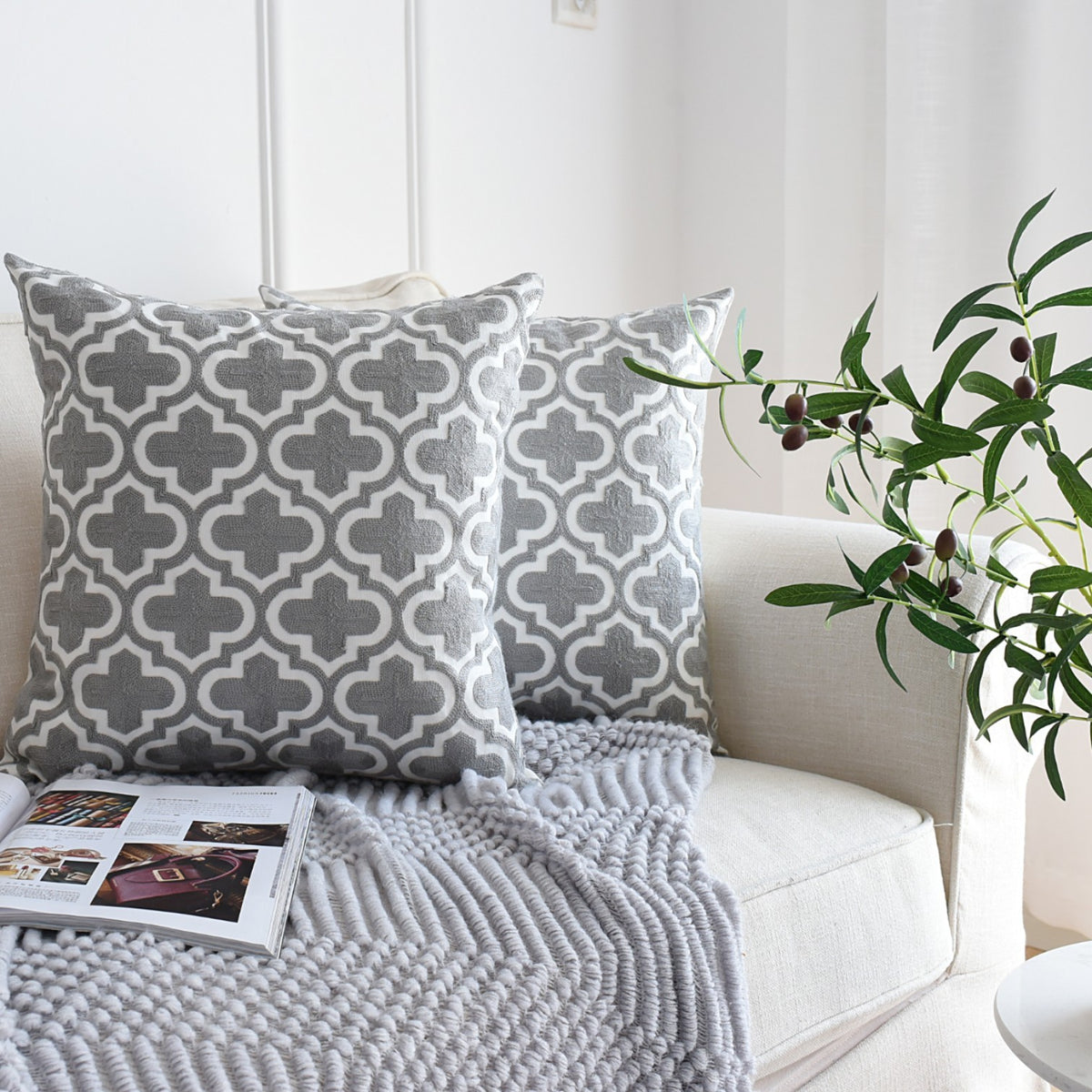 Luxury Embroidered Cushion Covers 50x50 cm Set of 2 Throw Pillows with Premium Cotton Inserts
