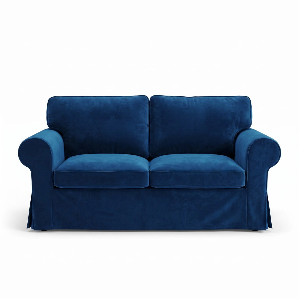 Front view of the blue velvet Ektorp 2 seater sofa cover with two seat and two back cushion covers