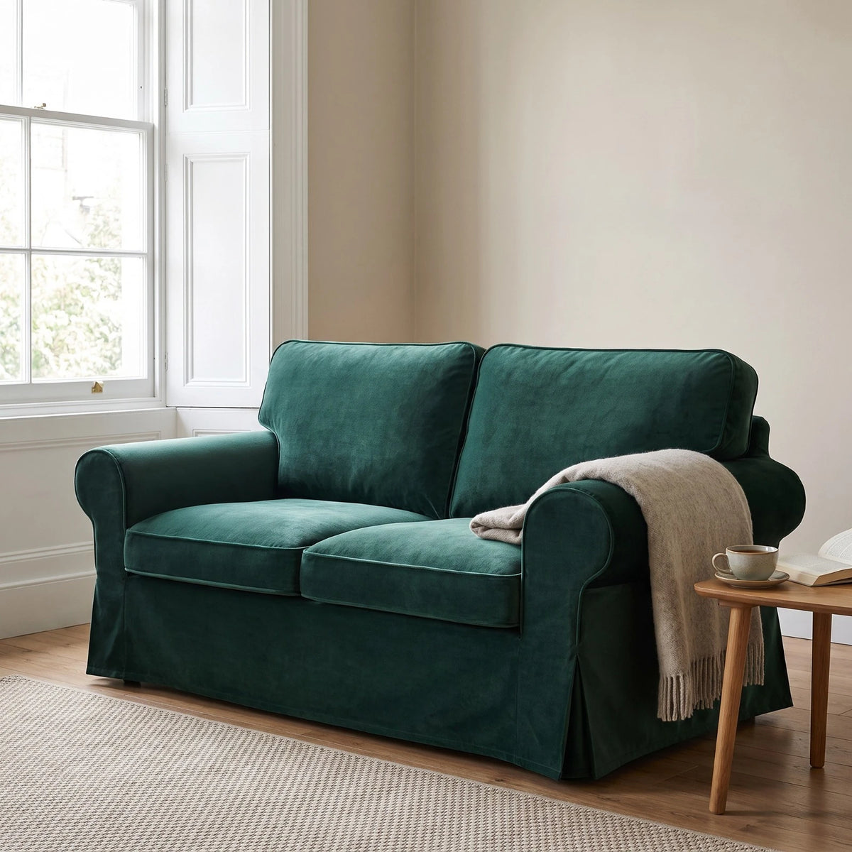 Bottle Green velvet Ektorp sofa cover on a 2 seater in a bright sitting room, styled with a throw and coffee table