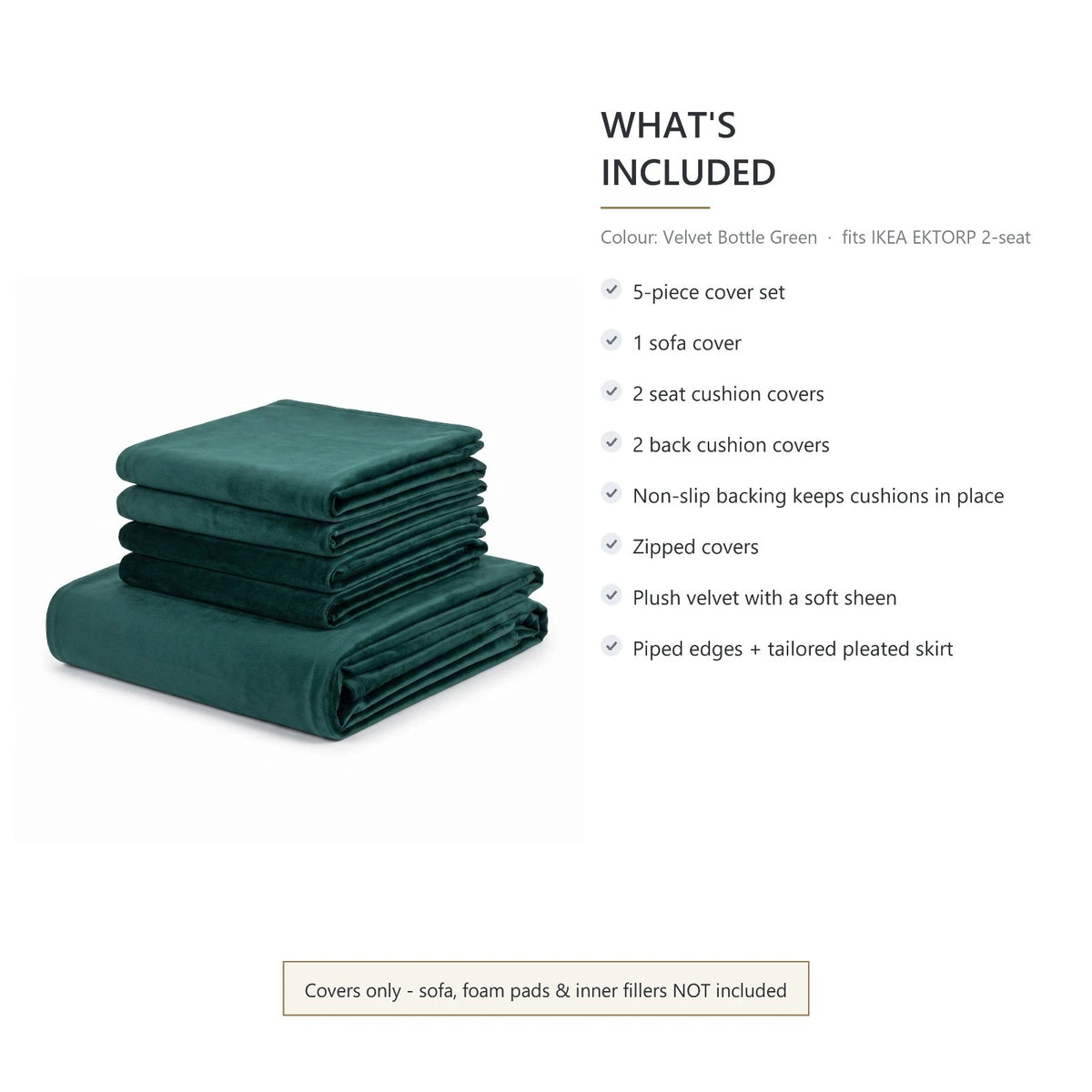 What comes in the bottle green velvet Ektorp sofa cover set: sofa cover plus 2 seat and 2 back cushion covers