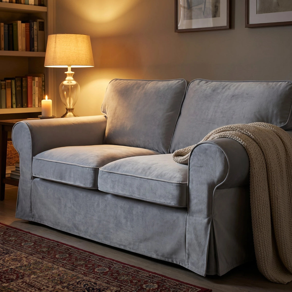 Ektorp 2 seat sofa dressed in a grey velvet replacement cover by lamplight, with a knitted throw