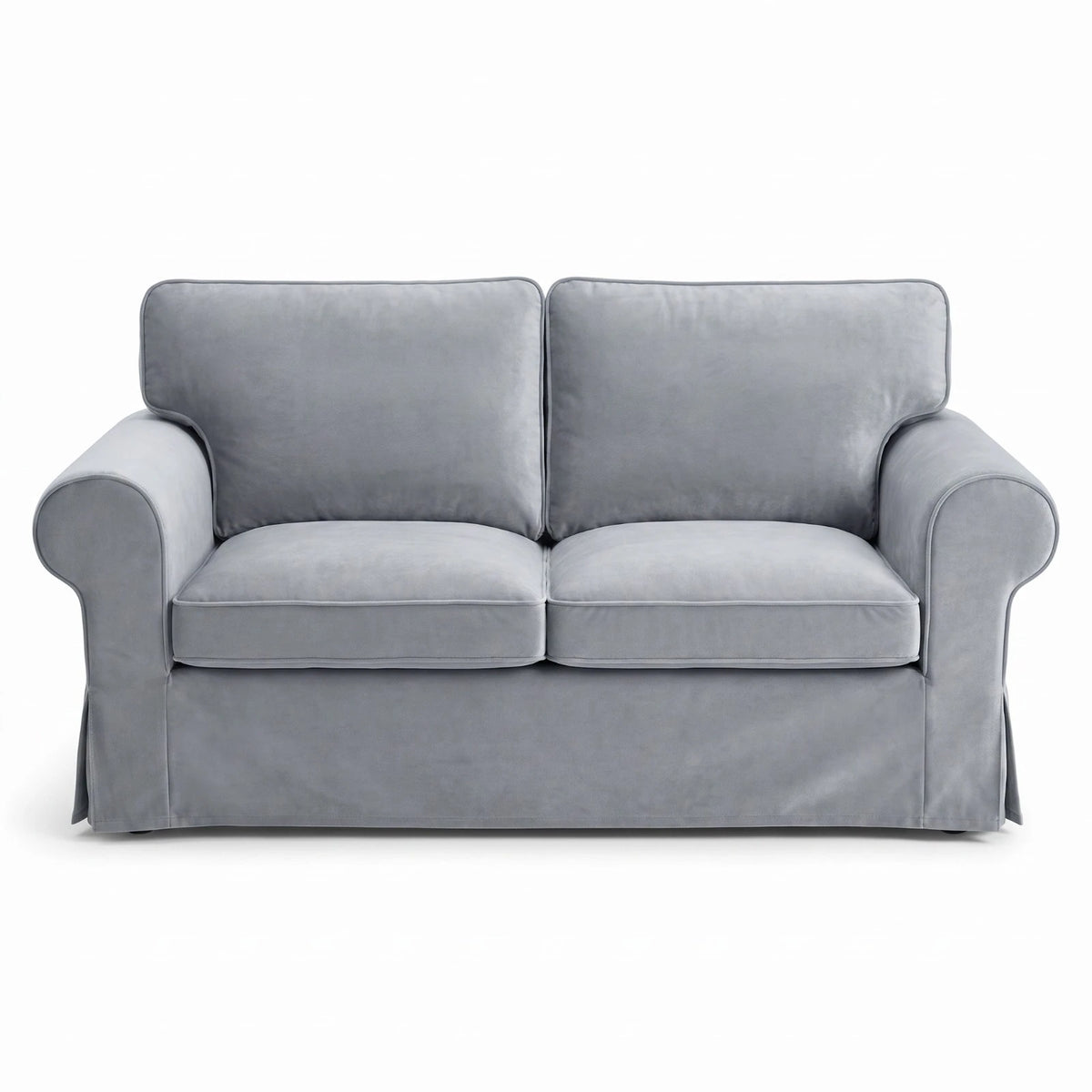 Front view of the grey velvet Ektorp 2 seater sofa cover with two seat and two back cushion covers