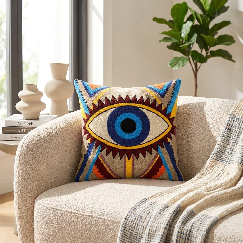 Evil eye decorative cushion cover on a boucle armchair by a window with ceramic vases
