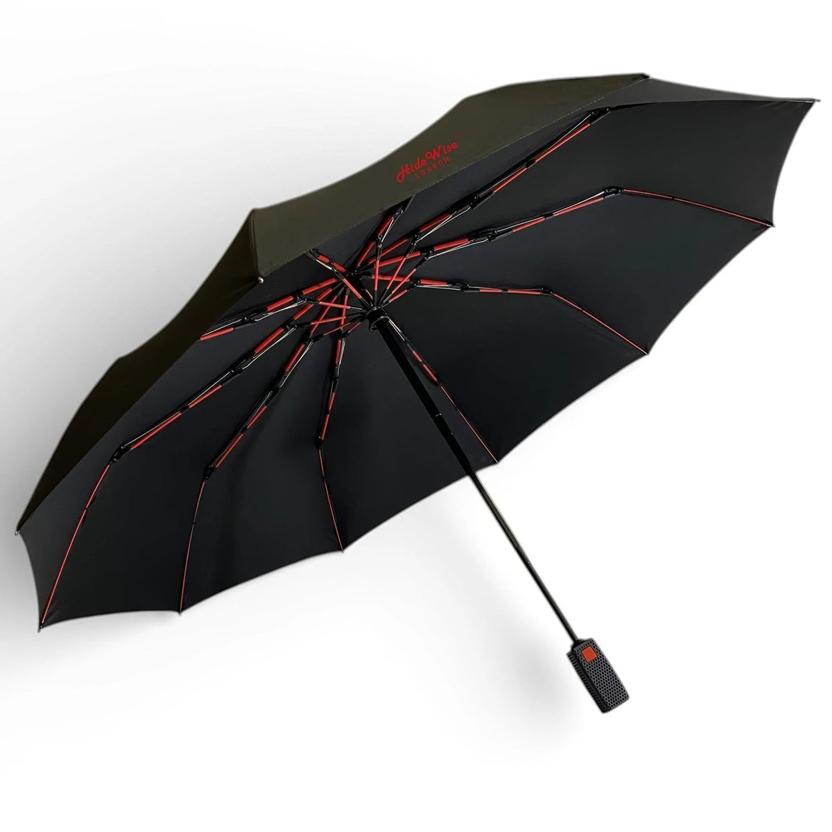 Black windproof folding umbrella open, showing the 10 red fibreglass-reinforced ribs under the canopy
