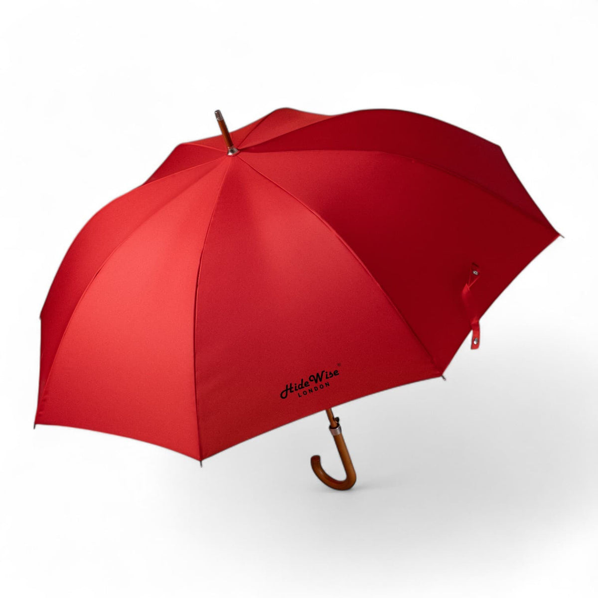 Hidewise London Walking Umbrella Red — Wood Crook Handle, Windproof 8-Rib Auto-Open Stick Brolly Gift