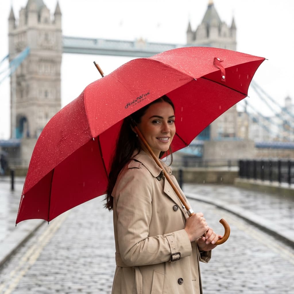Hidewise London Walking Umbrella Red — Wood Crook Handle, Windproof 8-Rib Auto-Open Stick Brolly Gift
