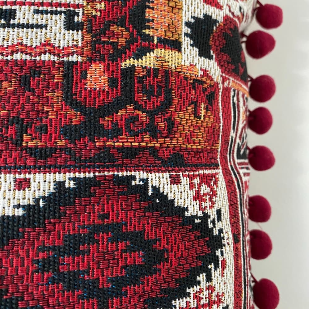 Pair of Boho Patchwork Cushions with Inserts 50cm x 50cm Pom Pom Bobble Trim (Burgundy)
