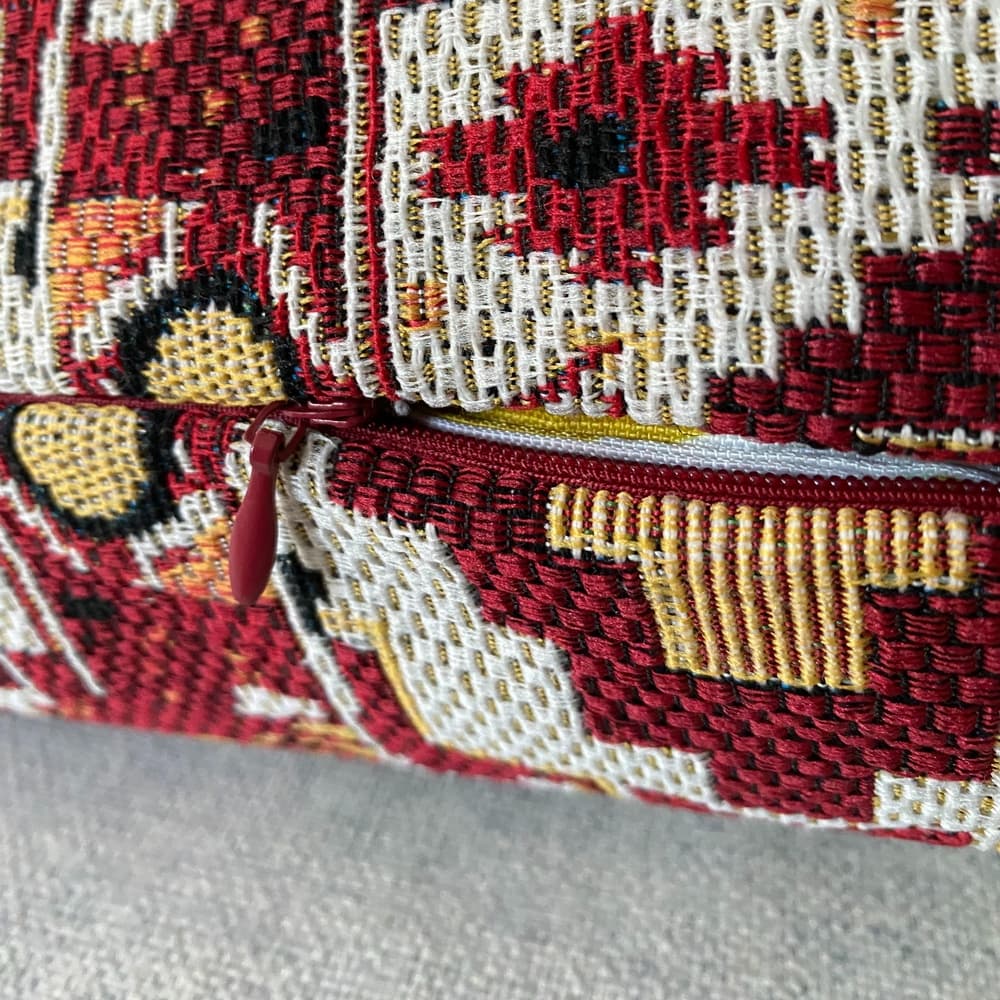 Pair of Boho Patchwork Cushions with Inserts 50cm x 50cm Pom Pom Bobble Trim (Burgundy)
