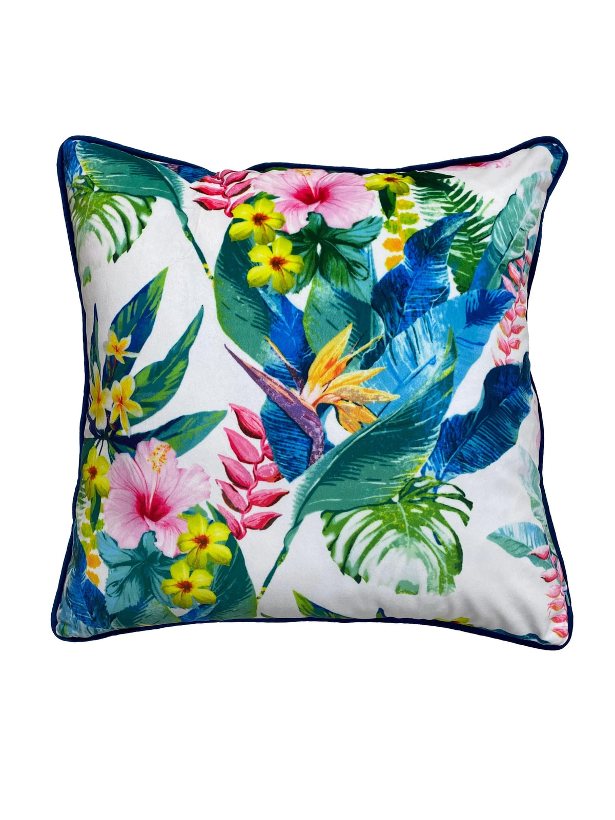 Floral velvet cushion cover 50x50 cm with blue tropical leaves, pink hibiscus and a navy piped edge
