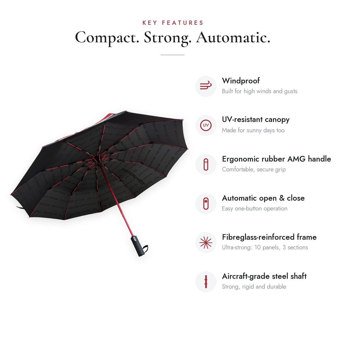 Mercedes-AMG compact umbrella with a windproof frame, UV-resistant canopy and one-button automatic open and close