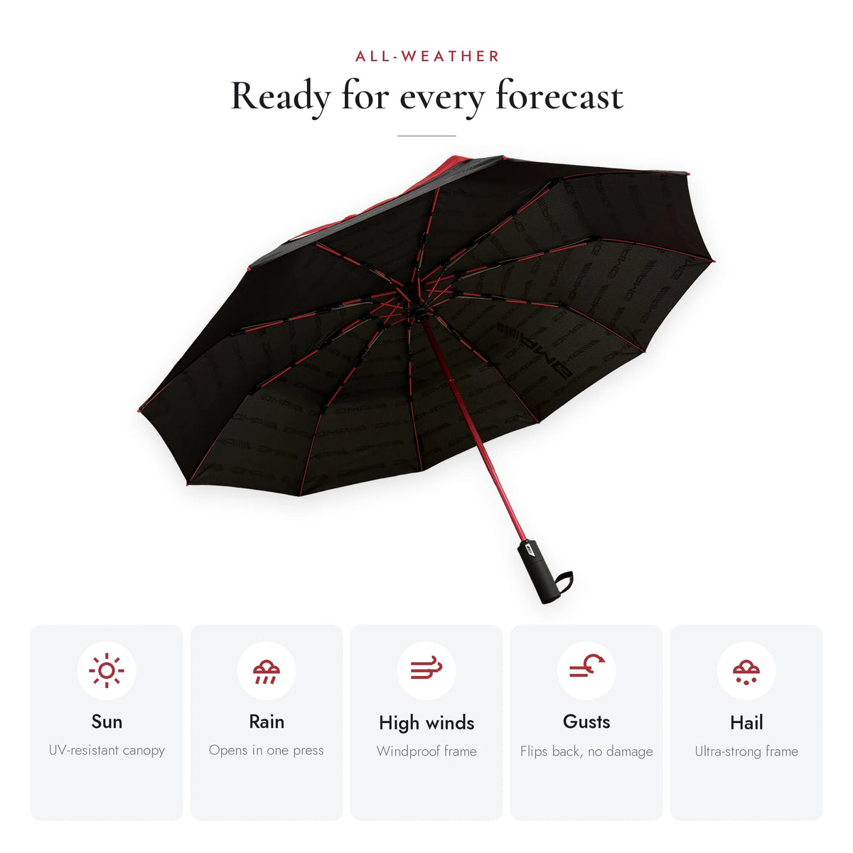 All-weather Mercedes-AMG windproof compact umbrella for sun, rain, high winds, gusts and hail