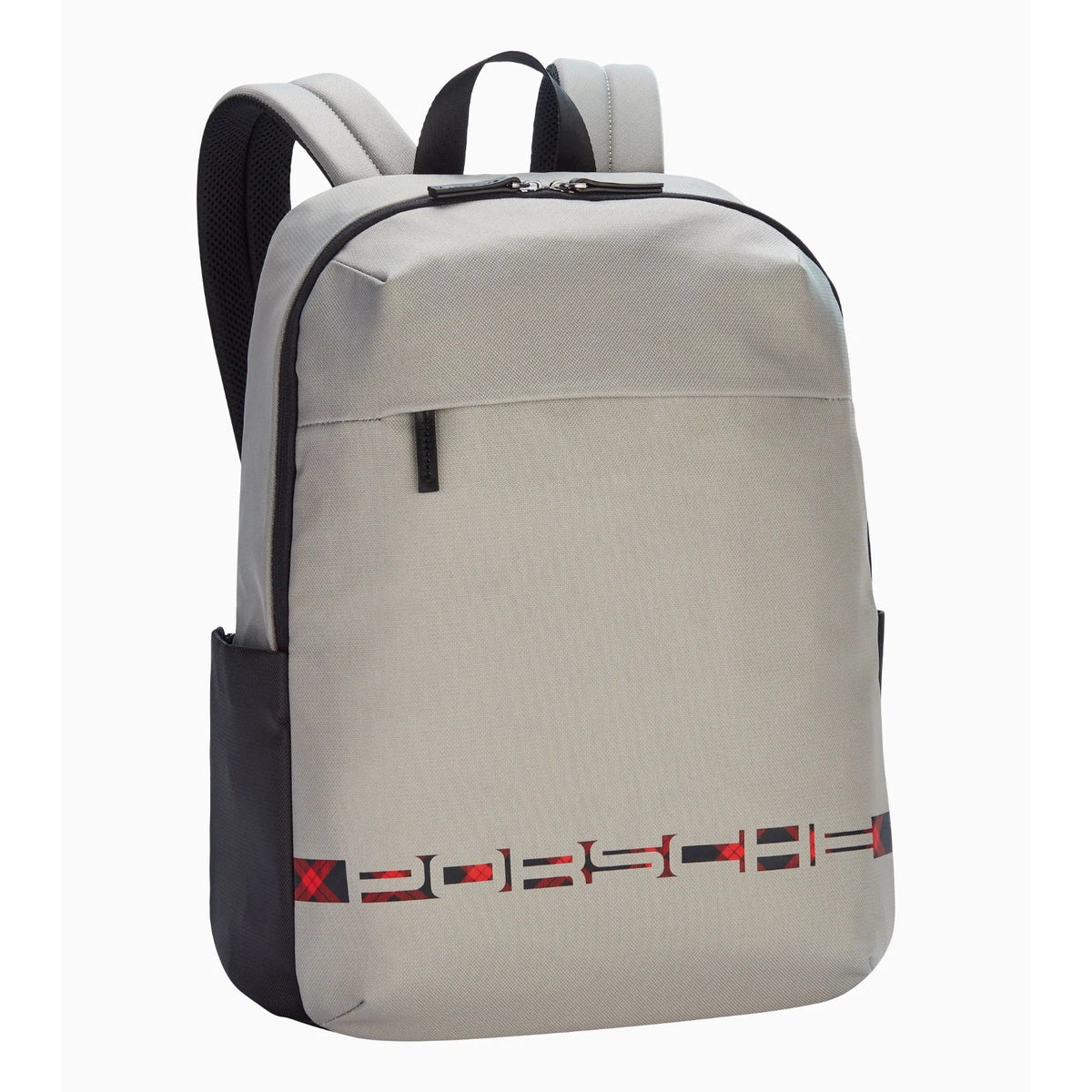 Porsche Turbo No. 1 travel backpack in grey with the PORSCHE tartan stripe across the front