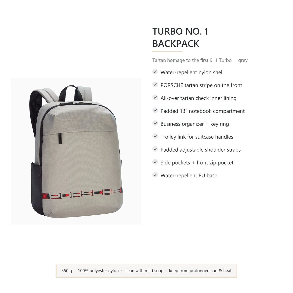 Porsche Turbo No. 1 backpack features: tartan stripe, 13 inch laptop compartment and trolley link