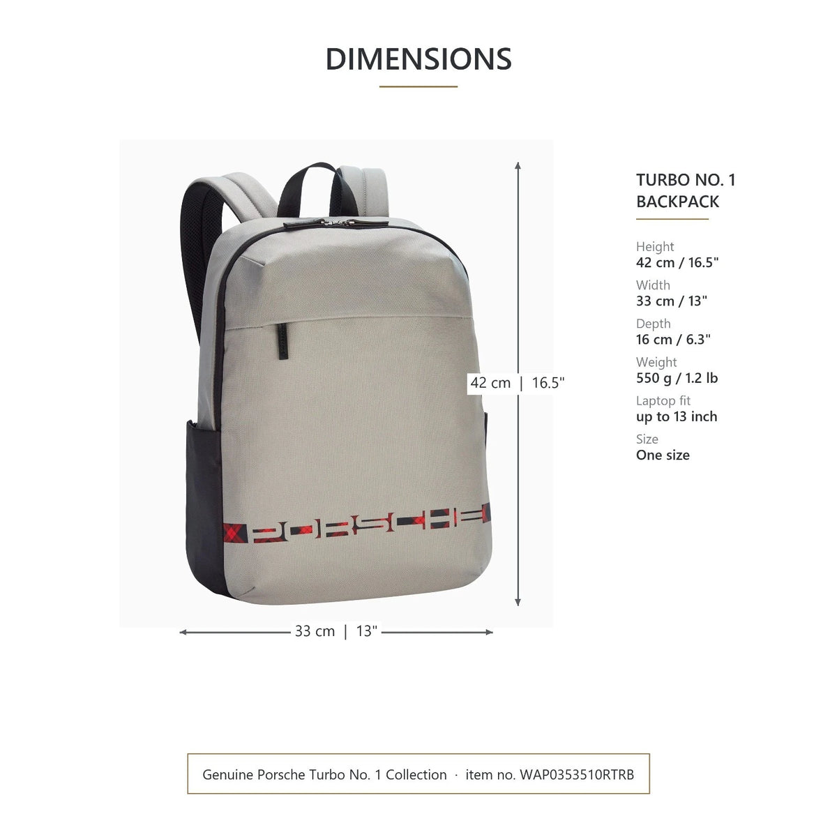 Porsche laptop backpack dimensions: 42 cm high, 33 cm wide and 16 cm deep, 550 g