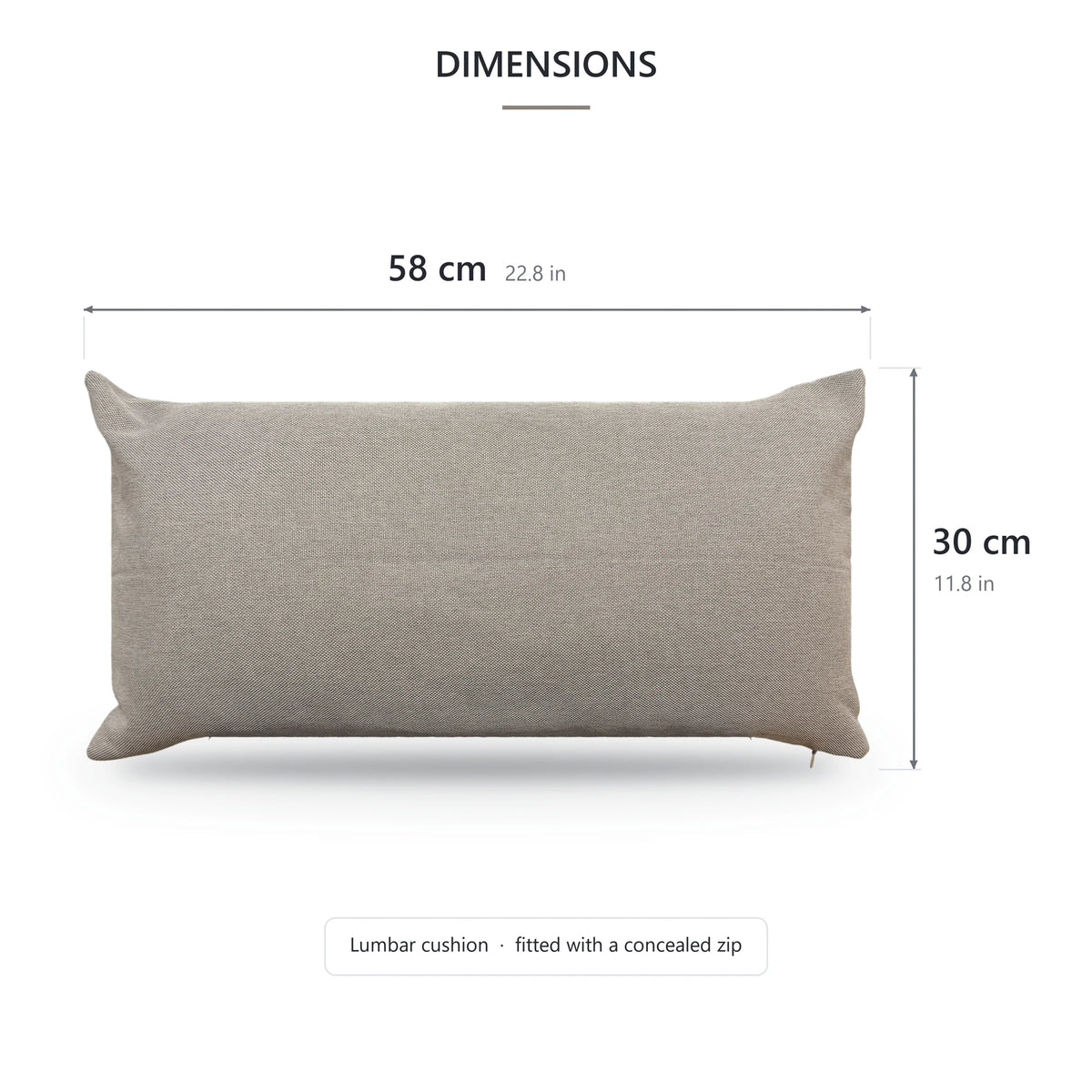 Beige lumbar cushion dimensions graphic, 58 x 30 cm (22.8 x 11.8 in) with the concealed zip