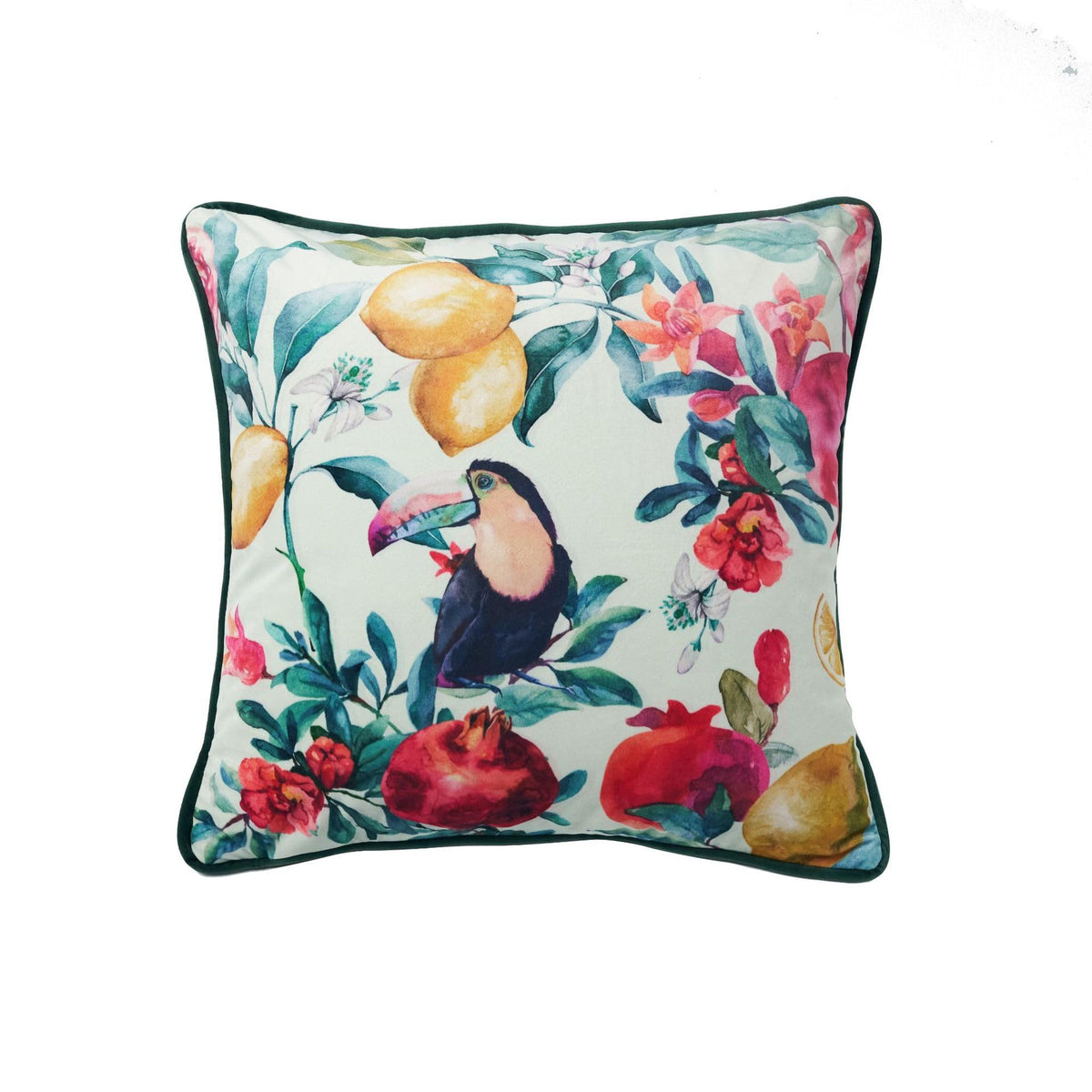 Toucan velvet cushion cover 50x50 cm with lemon and pomegranate print and a dark green piped edge