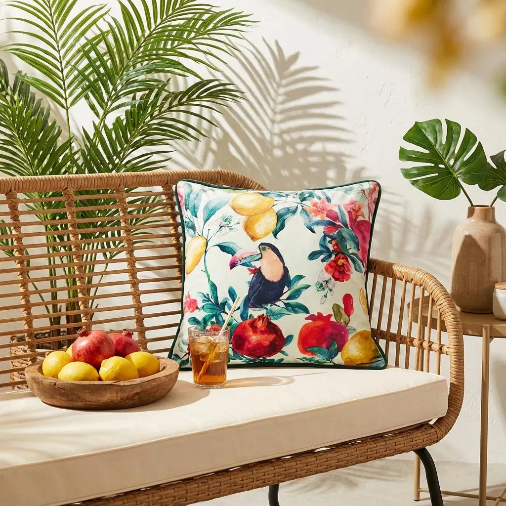 Toucan print cushion cover on a rattan bench beside a bowl of lemons and pomegranates