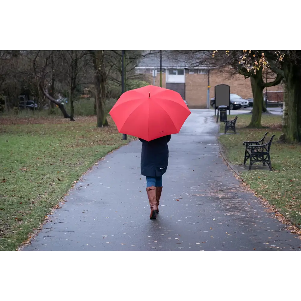 Classic Umbrella Crook Wooden J Handle Automatic Red Brolly by Hidewise London - J Handle Umbrella