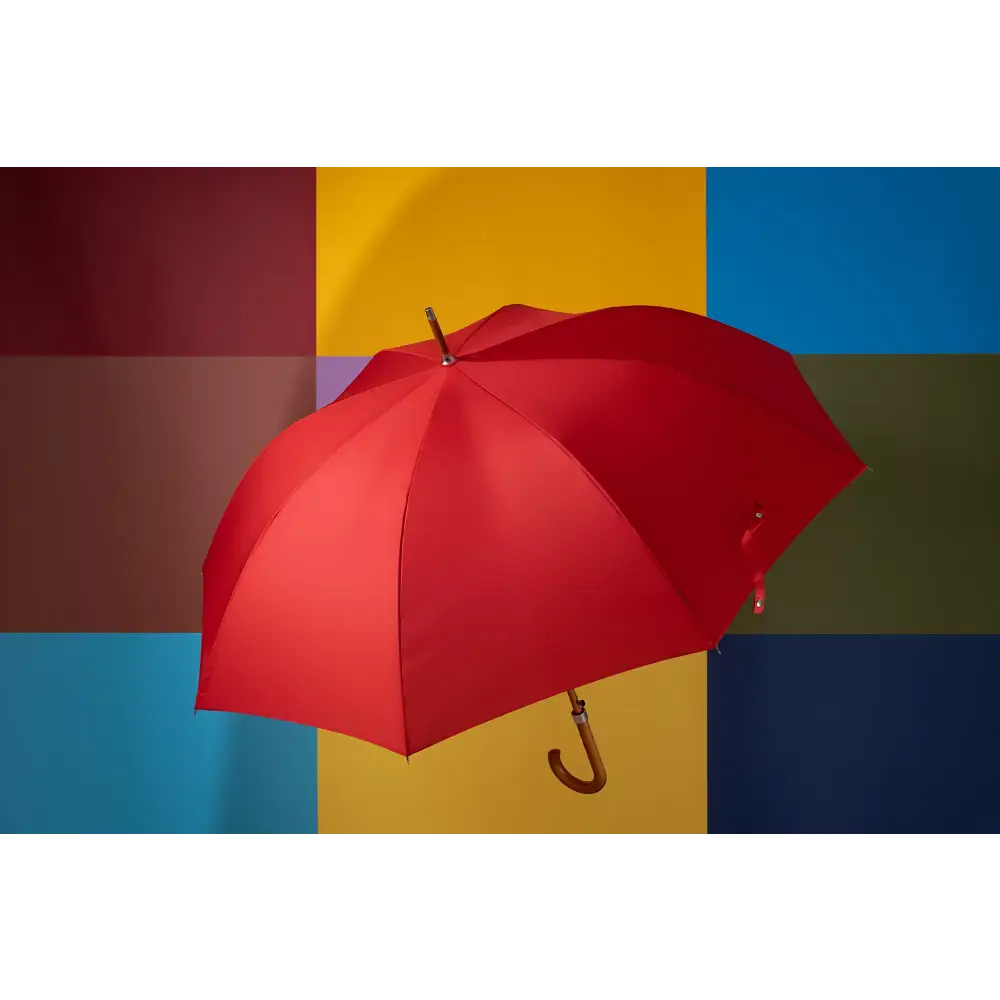 Classic Umbrella Crook Wooden J Handle Automatic Red Brolly by Hidewise London - J Handle Umbrella