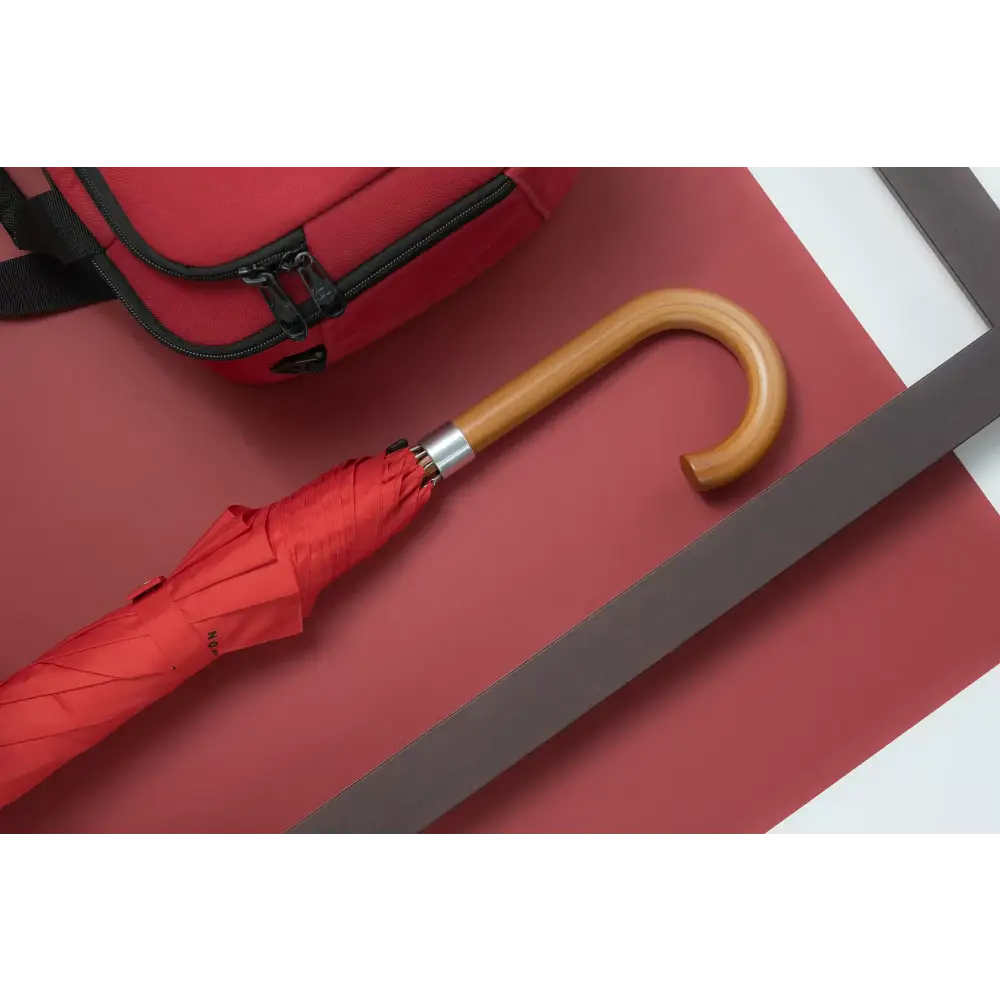 Classic Umbrella Crook Wooden J Handle Automatic Red Brolly by Hidewise London - J Handle Umbrella