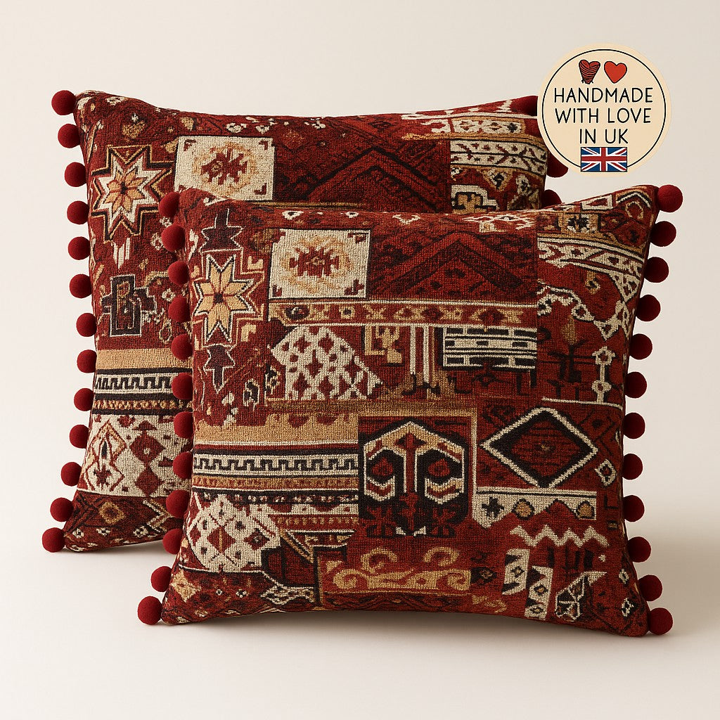 Pair of Boho Patchwork Cushions with Inserts 50cm x 50cm Pom Pom Bobble Trim (Burgundy)
