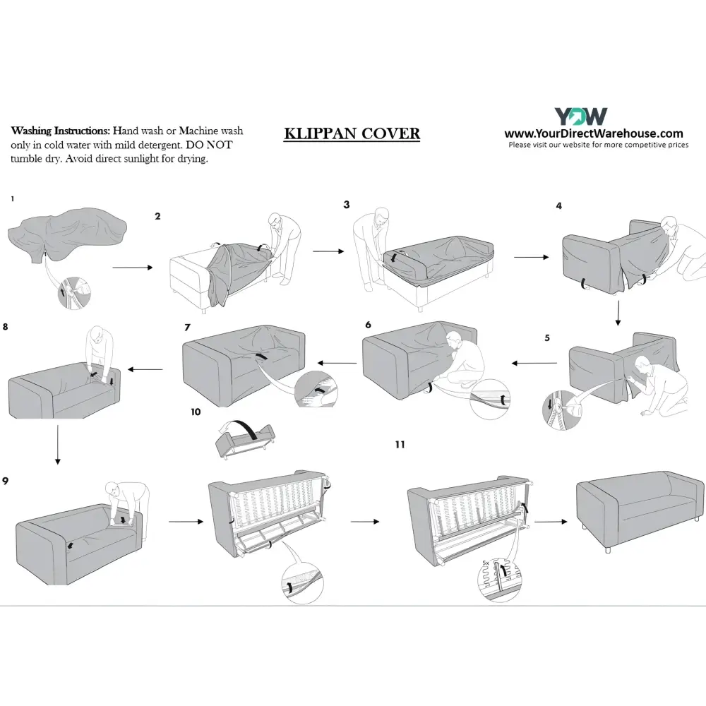 How to install instructions for IKEA Klippan 2-seater Sofa Cover replacement in plush velvet fabric for loveseat slipcover