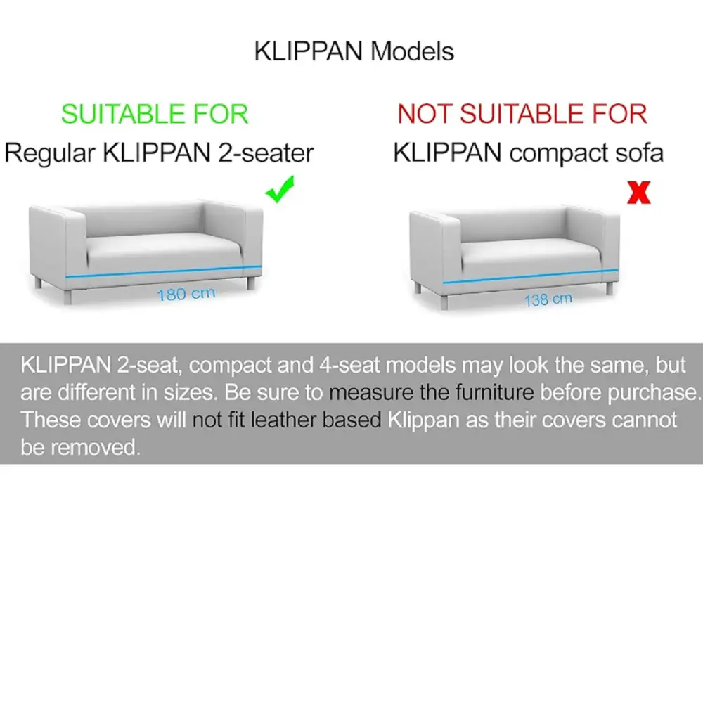 Size comparison guide for IKEA Klippan 2-seater Sofa Cover replacement for loveseat
