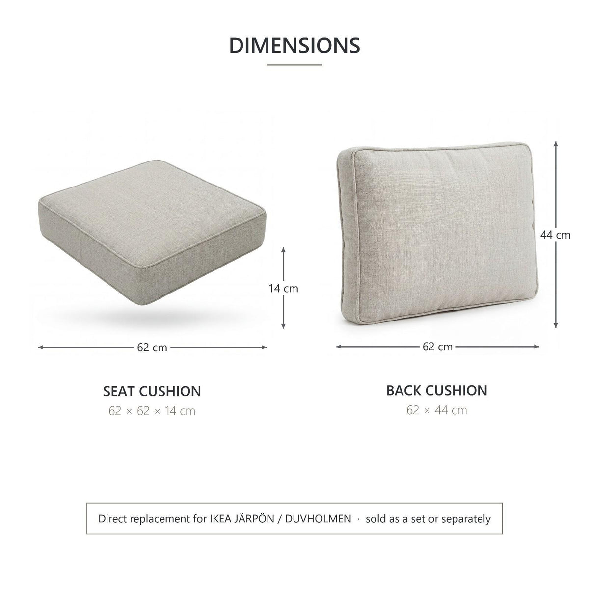 Outdoor Back Cushion with Insert 62x44 cm – Fits IKEA Frösön Duvholmen – Pebble