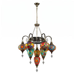 Handcrafted Bohemian Ceiling Chandelier 10 Globe Lamp Shaded with Multi Colour Luxury Turkish Mosaic Glass Unique Tiffany Decor Light