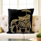 Velvet Elephant Cushion Cover 50x50cm – Black & Gold Embroidered Boho Decorative Throw Pillow Cover